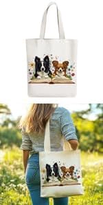 ANATTASOUL Canvas Tote Bag Cute Dog and Flowers Reusable Cotton Bag for Women, Durable Cloth Shoulder Bags with Zipper Pockets for Shopping, Vacation, Work, Gym