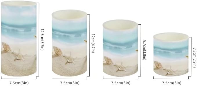 Beach Starfish Seashell Flameless LED Battery Candles 4 Pieces Pillar Fake Candles with Colored Light 4H 8H Timer Remote for Wedding Beach Party Coastal Room Decor