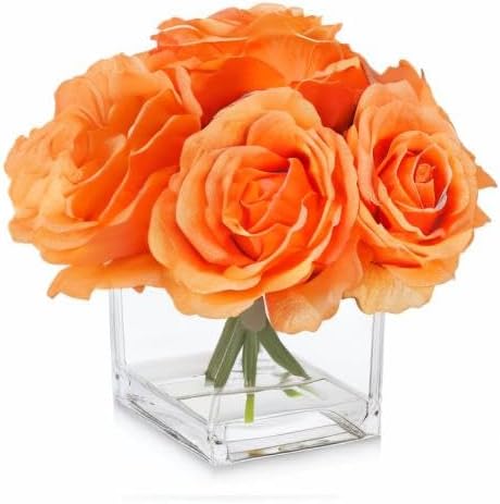 Silk Rose Artificial Flowers in Vase, Faux Floral Arrangement with Fake Water in Vase for Home Decor, Wedding Table (Orange)