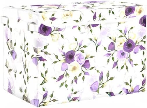 Flower Baskets Collapsible Storage Bins with Lids, Purple Green Rose Flower Storage Boxes Clothes Baskets for Organizing