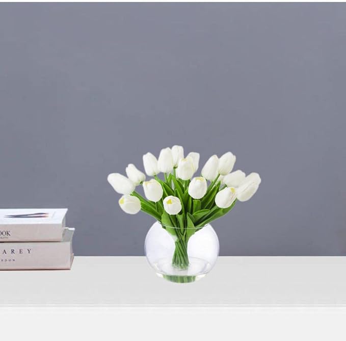 ENOVA FLORAL 20 PCS White Tulips Artificial Flowers with Vase, Real Touch Tulips Floral Arrangements in Vase, Fake Flowers in Vase for Home Office Decor (White)