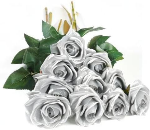DuHouse 10pcs Silk Roses Artificial Flowers Fake Rose for Arrangement Wedding Party Home Decoration (Silver)