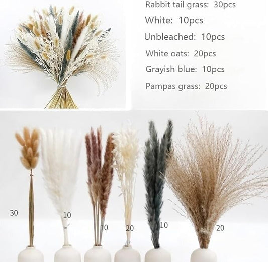 100PCS Air Dried Pampas Grass 6kind Mix Bouquet. Eternal Flower. for Wedding. Party,Photo Props Decor. Boho Dried Floral Arrangement Centerpiece