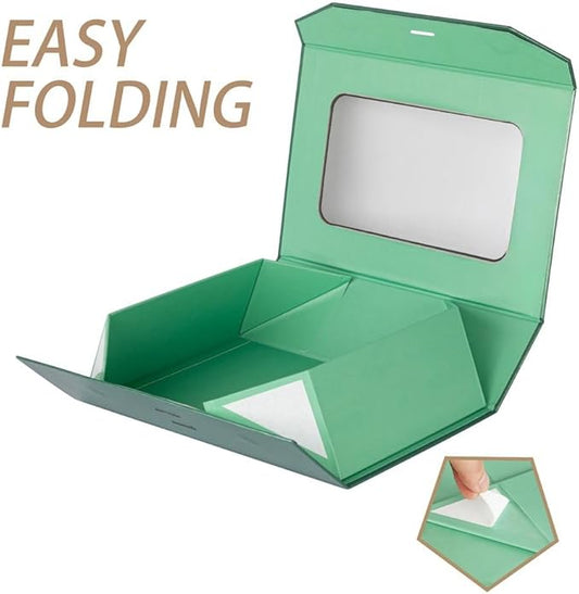 5 Pcs Green Gift Box for Presents with Ribbon 13.2x11x5.3 Inches Clear Gift Box with Window Magnetic Closure Gift Boxes with Lids