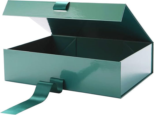 GREEN BEAN 6 Large Gift Boxes with Lids for Presents 13x9.7x3.4 Inches, Christmas Green Magnetic Gift Box with Ribbon, Bridesmaid Proposal Box, Luxury Gift Boxes (Glossy Green)