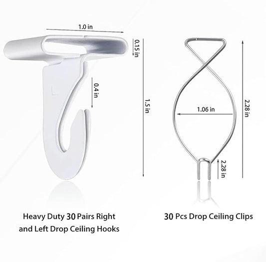 60 Drop Ceiling Hooks for Classrooms & Offices, White Heavy Duty Ceiling Hooks for Hanging Plants & Decorations, Metal T-Bar Hooks for Suspended Drop Ceiling Tiles