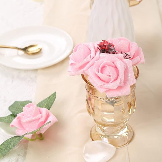 IPOPU Artificial Roses,25pcs Pink Roses Artificial Flowers Glitter Flowers Foam Rose with Stem for DIY Wedding Bridal Bouquet Home Party Decoration(Pink)