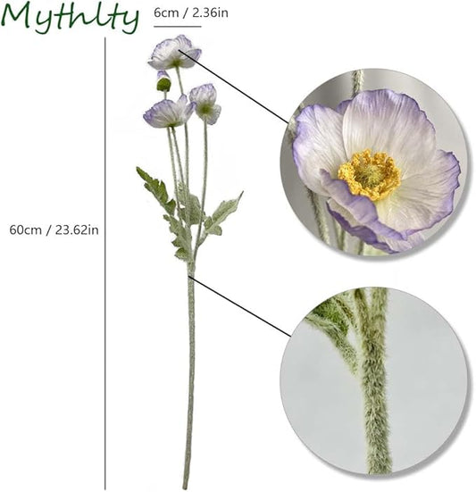 Set of 6 Poppies Flowers Artificial Silk Flowers with Long Stems Faux Wildflowers Bouquet for Vases Oil Pastel Style for Wedding Party Indoor Home Office Decor (Light Purple Blue)
