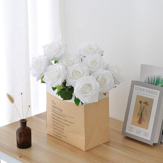 Artificial Rose 10pcs Open Flower Bouquet Faux Rose Stems for Wedding Arrangement, Bridal Bouquet, Centerpiece, Fake Faux Silk Flowers (White)