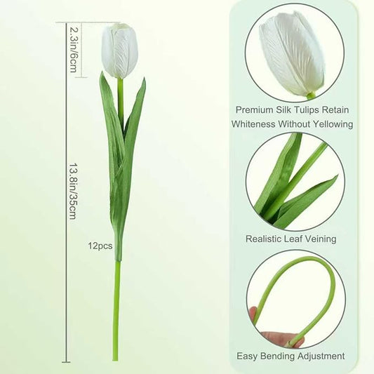 12pcs White Artificial Tulips Silk Faux Flowers Real Touch for Wedding Bouquet, Home Decor, Party Centerpiece, Table Decor, Mother's Day Easter Spring Gifts