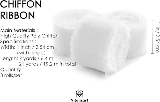 Vitalizart White Chiffon Silk Ribbon 1" x 21 Yd Fringe Fabric Package (3 Rolls * 7 Yd) for Wedding Invitations Bridal Bouquets Decorations Gifts Wrapping & Bow Making Off White