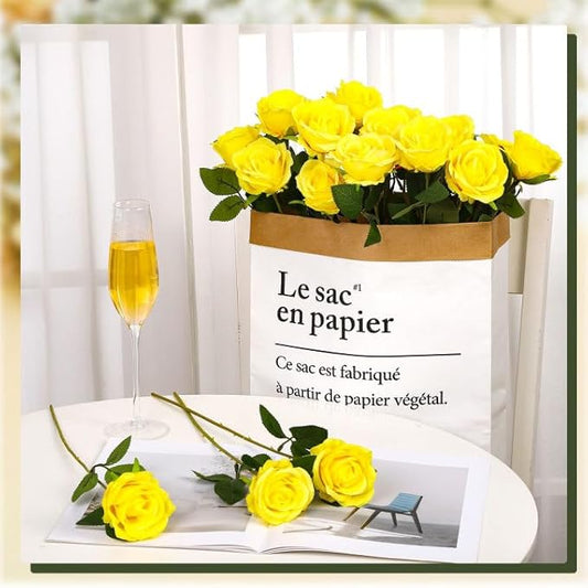 36 Pcs Silk Yellow Rose Bouquet Bridal Artificial Flowers,Fake Rose Long Stem Realistic Flowers Bulk for Wedding Bouquet Ball Arrangement Centerpiece Party Decor
