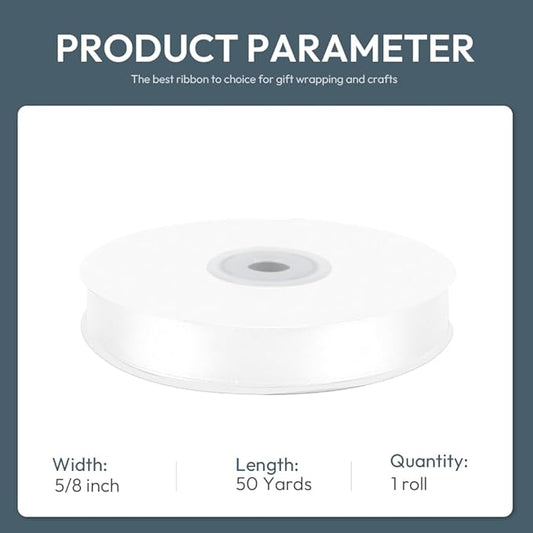 KMER LIFE 5/8" Wide x 50 Yards White Single Faced Polyester Satin Ribbon - Perfect for Wedding Decor, Wreaths, Crafts, Gift Wrapping & Other Projects