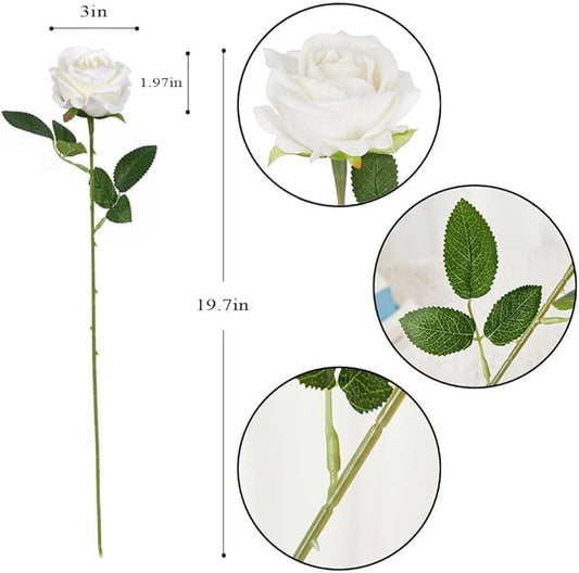 Jasion 12PCS Artificial Roses Realistic Velvet Silk Flowers Long Stem Faux Flowers Bouquet for Wedding Home Party Table Centerpieces Decorations (White)