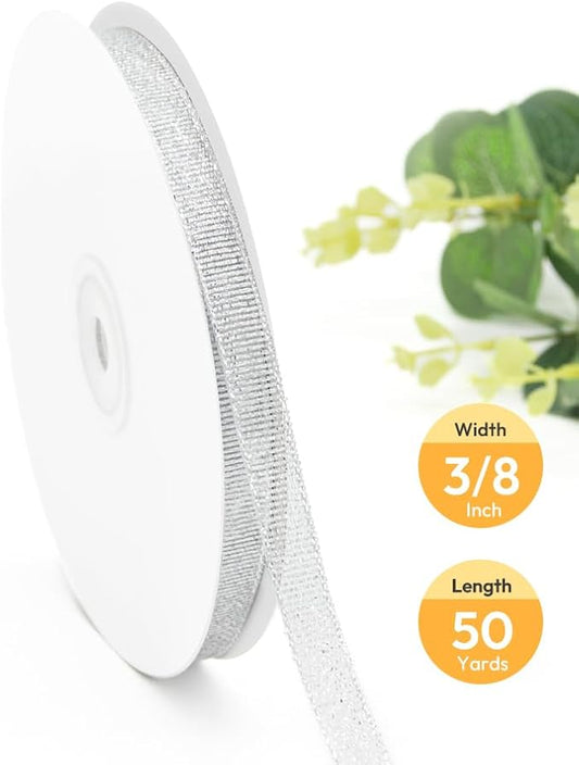 KMER LIFE 3/8 inch x 50 Yards Glitter Silvery Ribbon, Sparkly Metallic Fabric Ribbons, Perfect for Gifts Wrapping, Sewing, Decoration for Christmas, Valentines Day