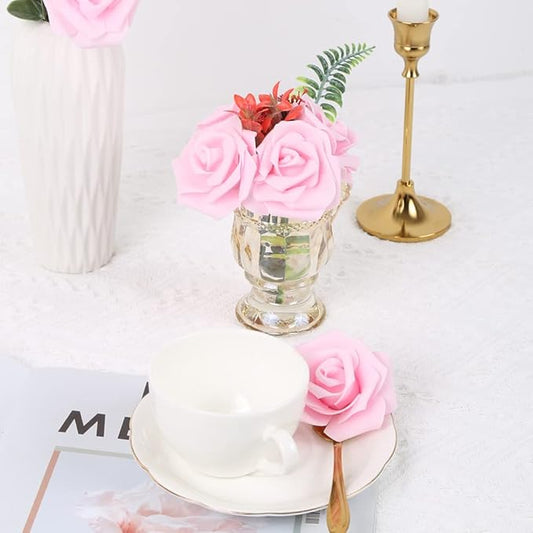 IPOPU Artificial Rose Flower Heads, 100pcs Real Looking Light Pink Foam Fake Roses for DIY Wedding Baby Shower Centerpieces Arrangements Party Tables Home Decorations (Light Pink, Stemless)