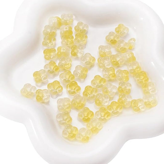 100PCS Glass Flower Beads for Jewelry Making 4 Petal Flower Bead Caps Gradient Cute Floral Beads Aesthetic Charms for Necklace Bracelets Earrings DIY Craft Home Decoration-Yellow