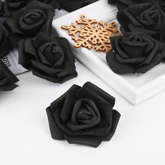 IPOPU Artificial Rose Flower Heads, 100 Pcs Real Looking Black Foam Fake Roses for DIY Wedding Baby Shower Centerpieces Arrangements Party Tables Home Decorations (Black, Stemless)
