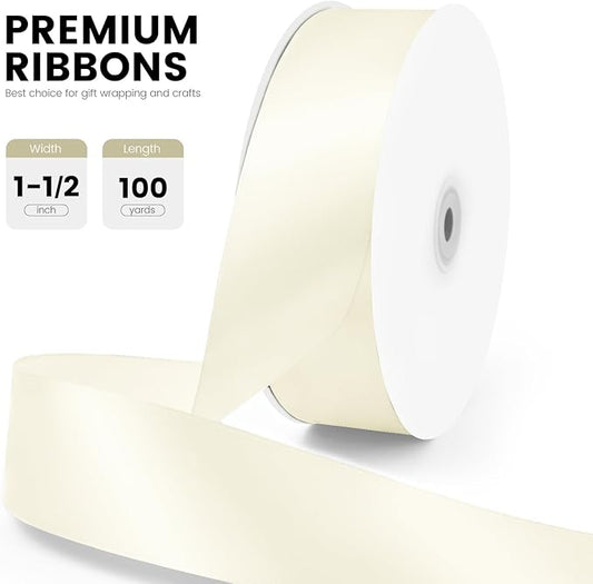 1-1/2" x 100 Yards Satin Ribbon - Ivory Silk Ribbon with Spool - Ideal for Gift Wrapping, Floral Bouquets, Crafts, Wedding Party Decorations, Christmas and Sewing Projects
