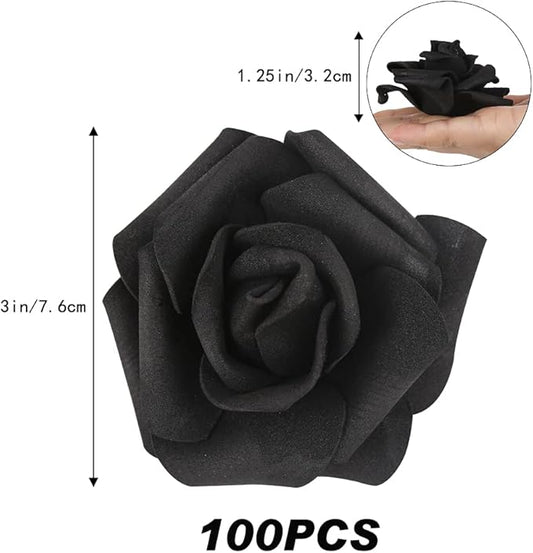 200pcs Black Artificial Foam Rose Flower Head, 3-Inch Fake Flower Heads Stemless Flowers for DIY Crafts,Wedding Bouquets Centerpieces Arrangements Party Baby Shower Home Decor (Black)