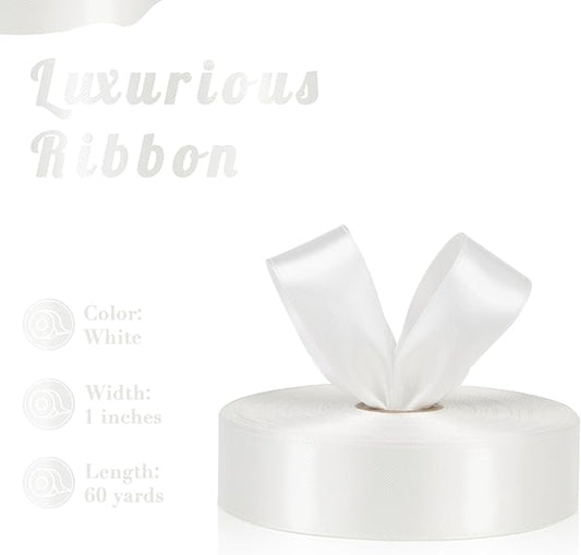 White Ribbon 1 Inch 60 Yards, Versatile Solid Satin Ribbon for Flower Bouquet, Graduation Lei, Crafts, Gift Wrapping, Baby Shower, DIY Bows and Wedding Decorations