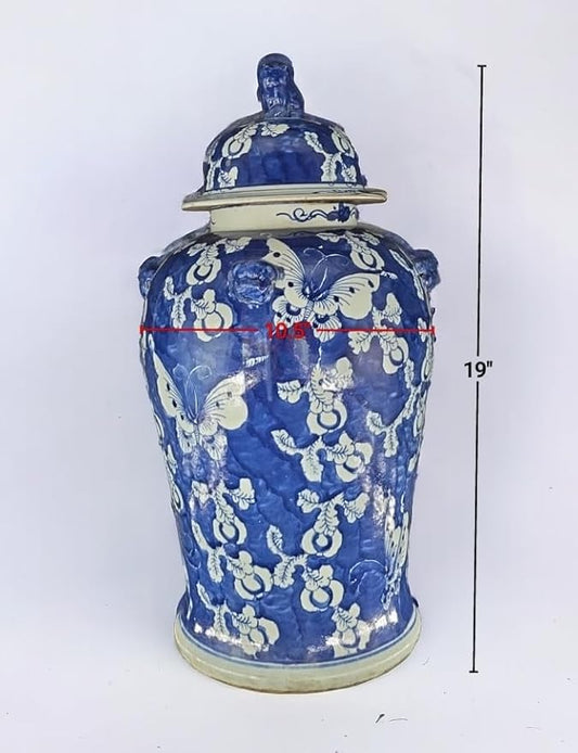 19" Antique Like Finish Blue and White Ginger Jars Porcelain Temple Ceramic Ginger Jar Vase, Blue Butterfly China Ming Style, Jingdezhen(L1)