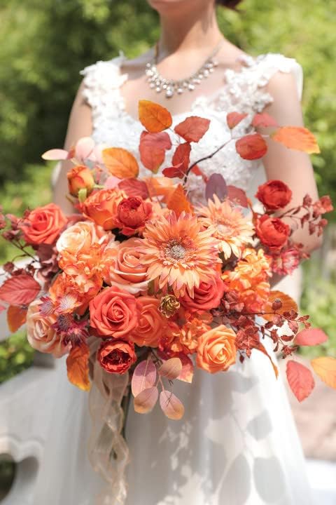Orange Artificial Flowers Box Set Gradient Color Foam and Silk Fake Flowers with Stems for DIY Wedding Bridesmaid Bridal Bouquets Centerpieces Party Fall Home Decoration