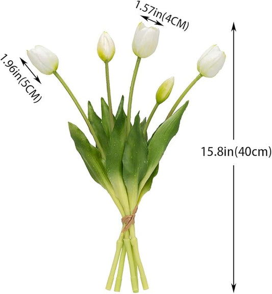 15pcs Artificial Tulips Flowers, Real Touch Latex Bouquet, Fake Tulips for Office Wedding Party Home Kitchen Garden Decoration(White,15pcs)