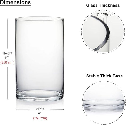 Enova Floral Clear Glass Flower Vase, 6W x 10H Inches Round Flower Vase, Pillar Candle Floating Candle Holders, Tall Cylinder Glass Vase for Flowers, Glass Vase for Home Decor, Wedding (Pack 4)
