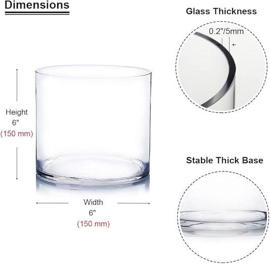 Enova Floral Set of 4 Clear Glass Cylinder Vase, 6W x 6H Inches Round Flowers Vase, Pillar Candle Floating Candle Holders Vase, Small Floral Glass Vase for Home Office Decor, Wedding Centerpiece
