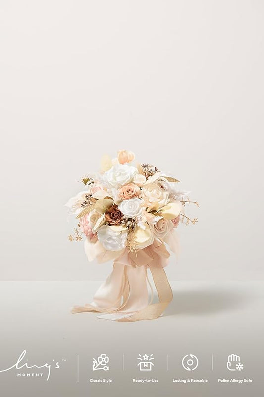 Ling's moment Boho Bridal Bouquet for Bride, Rustic Wedding Bouquets for Bride, 13 Inch Beige Nude Silk Round Artificial Wedding Flowers Bouquets