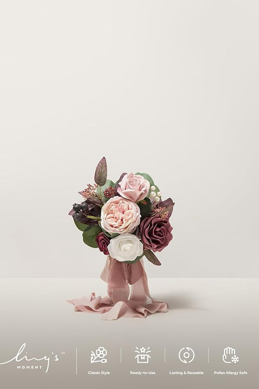Ling's moment Artificial Flowers Pink Bridesmaid Bouquet Set of 6, Dusty Rose & Mauve Wedding Flowers Bouquets for Bridesmaids, 7 Inch Bridal Bouquets for Bridesmaids, Wedding, Ceremony, Anniversary,