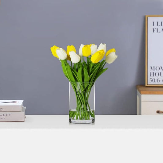 ENOVA FLORAL 20 Heads Real Touch Artificial Tulips Flowers in Vase, Mixed White and Yellow Tulips Fake Flowers with Vase and Faux Water for Home Wedding Decor, Dining Table (White Yellow)