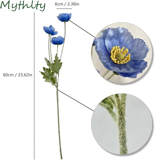 Set of 6 Poppies Flowers Artificial, Real Touch Silk Flowers with Long Stems for Vase, Realistic Faux Wildflowers Arrangement for Home Office Farmhouse Wedding Party Indoor Decor (Dark Blue)