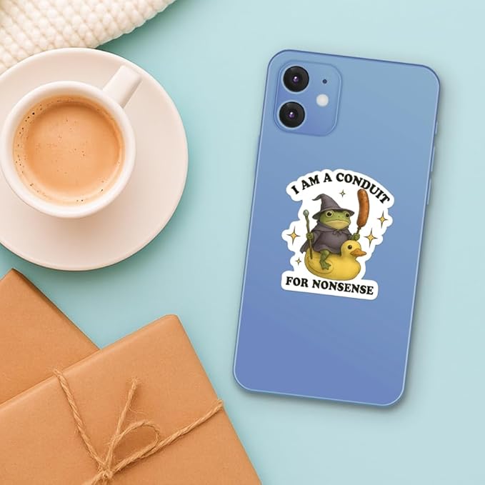 HANDICHI Design 5-Pack 6 Inch Funny Frog Stickers – “I Am a Conduit for Nonsense” Wizard Frog Vinyl Decals – Quirky Meme Sticker Pack for Laptops, Water Bottles, Journals and Scrapbooks