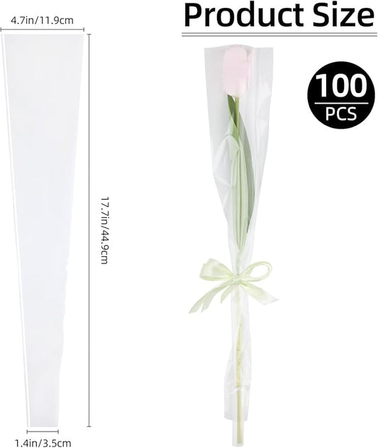 200 PCS Single Flower Sleeves Wrapping Bags with Floral Water Tubes for Bouquets, Single Rose Florist Bouquet Packaging Bags for Birthday Valentines Day, Wedding, Mother's Day Gifts