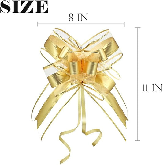 Gold Bows for Gifts, Large Pull Bow for Gift Wrapping, Christmas, New Year, Birthday, Weddings, Baby Showers, Graduations, Valentine's Day(8 inches, 10 PCS)