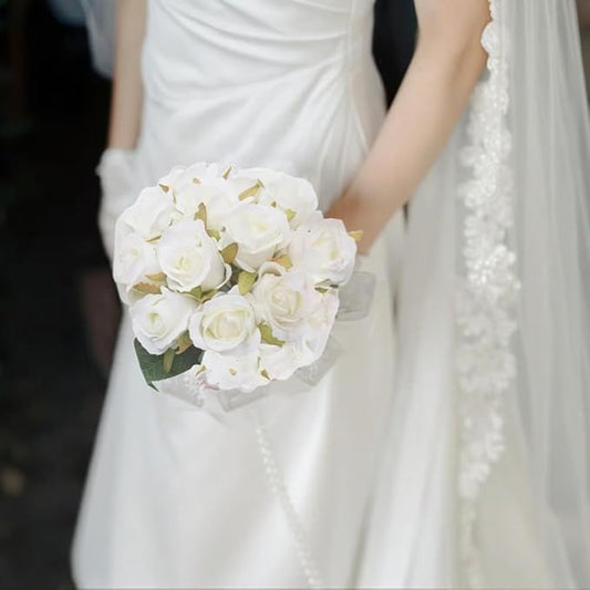12pcs Artificial Roses Single Stem Fake Silk Flower Arrangement Bridal Bouquet Real Touch for Home Party Wedding Decoration Without Vase (White)