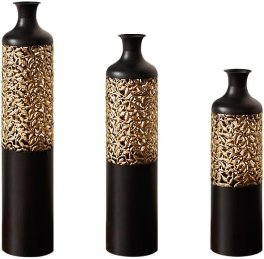 Metal Floor Vases Decorative, Set of 3 Flower Arrangement Stand, Metal Decorative Vase Tall Distressed Metallic Centerpiece Vases with 3D Triangle Pattern, 28.7", 24.8", 20.8" H (Black&Gold)