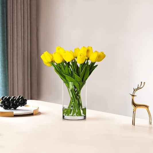 ENOVA FLORAL 20 Pieces Yellow Real Touch Tulips Artificial Flowers in Vase, Fake Tulips Arrangements with Vase and Faux Water for Home Wedding Decoration, Dining Table (Yellow)