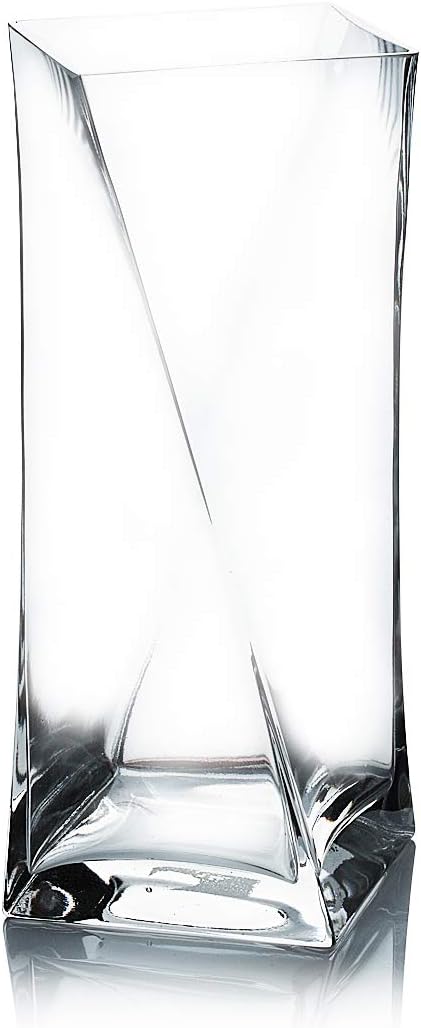 WGV Twist Bouquet Vase Bulk, 4" W, 10" H, Clear Square Block Gathering Hurricane Glass Floral Container, Centerpiece, Home Wedding Event Decor, 12 Pieces(VUT0410)