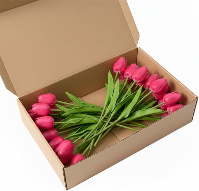 Pink Faux Tulips (20 Pcs) - Premium PU Artificial Flowers for Christmas & Thanksgiving Table Setting, Winter DIY Home Decor - 13.5" Real Touch