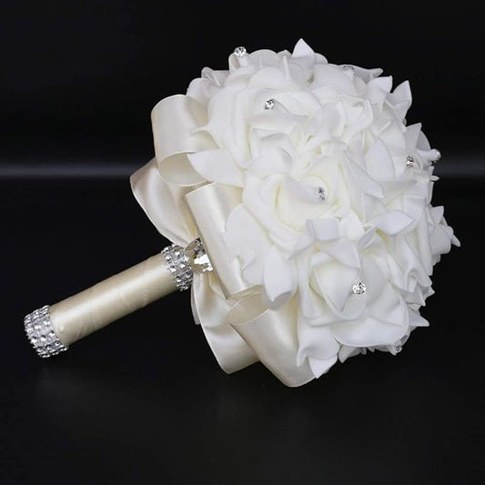 Wedding Bouquet, Creamy Bouquet for Bride Bridesmaid with Diamond Soft Ribbons, Artificial Rose Bridal Holding Flowers for Party Church