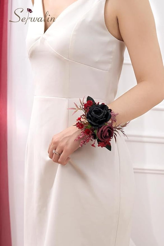 Serwalin Set of 2 Wrist Corsage for Wedding, 6-7inch Corsages Wristlet for Bridesmaid Mother Grandmother, Artificial Flowers for Prom Ceremony Anniversary, Black Burgundy