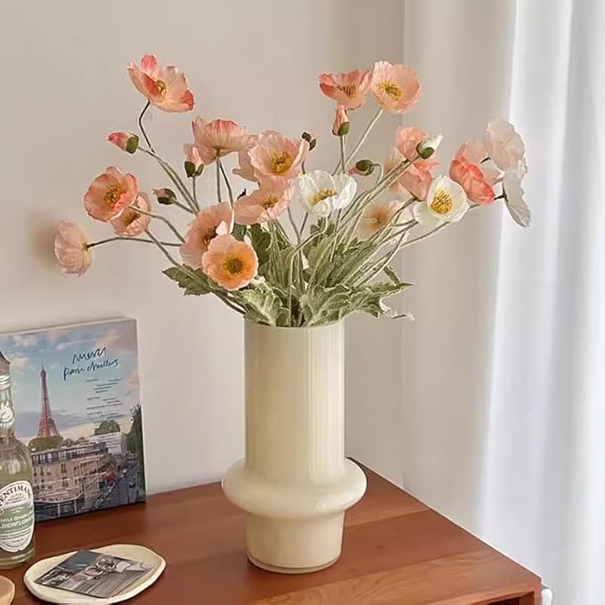 2 Pcs Artificial Fake Flowers Plants Poppies Silk Flower Arrangements Wedding Bouquets Decorations Plastic Floral Table Centerpieces for Home Kitchen Garden Party Decor Approx 23.6" High - Dark Coral