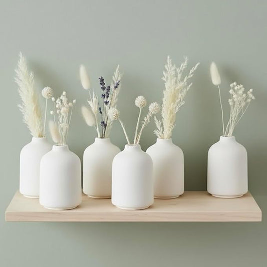 Carrot's Den - Set of 6 White Mini Ceramic Vases for Home Decor | Boho Bud Vases in Bulk for Dry Flowers + House Plants | Wedding, Home, Centerpiece, Modern, Japandi, Farmhouse, Minimalist