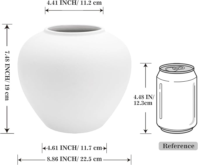 Rustic Matte Ceramic Vase for Home Decor, 7.48 Inch Farmhouse Minimalist White Round Vase for Flowers, Living Room, Kitchen, Table, Entryway, Decorative Pottery Vases for Centerpiece, Bedroom