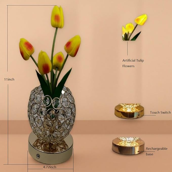 Cordless Tulip Flower Lamps, 3 Colors Touch Stepless Dimming Crystal Night Light, Rechargeable Artificial LED Flower with Vase Lamp Romantic Decor for Mothers Day,Xmas,Birthday (Pink)