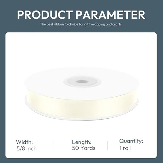 KMER LIFE 5/8" Wide x 50 Yards Ivory Single Faced Polyester Satin Ribbon - Perfect for Wedding Decor, Wreaths, Crafts, Gift Wrapping & Other Projects