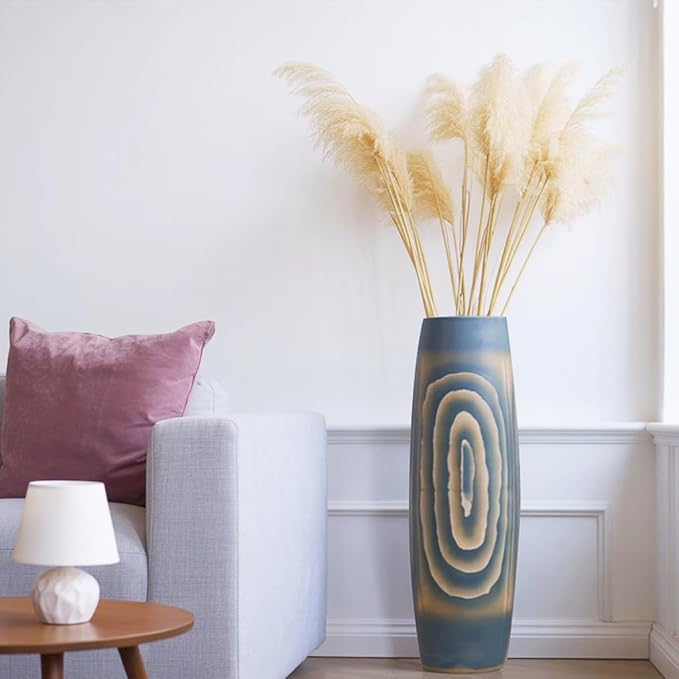 Tall Blue Floor Vase 31 inches, Handmade Large Ceramic Vases for Home Decor Living Room, Imitation Wood Grain Decorative Vases Wide Mouth Opening Corner Vase for Pampas Grass